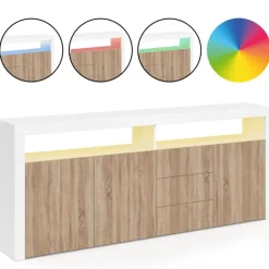 Buffet 180 cm 3 portes et 3 tiroirs avec et niches blanc et bois façon hêtre