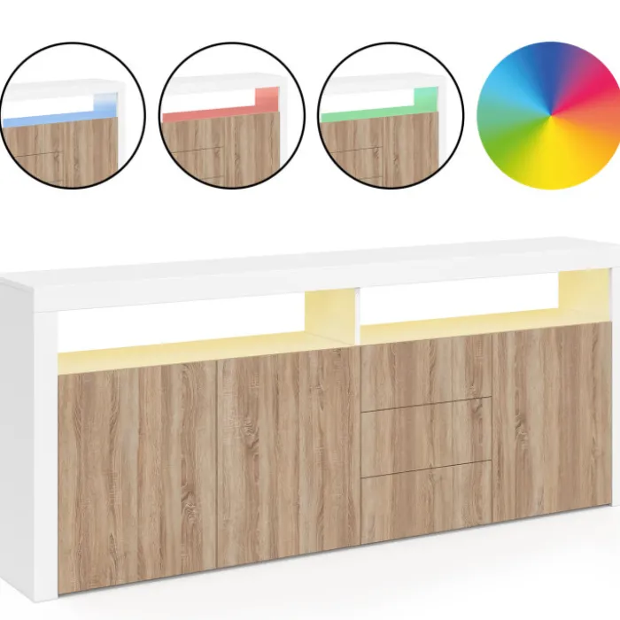 Buffet 180 cm 3 portes et 3 tiroirs avec et niches blanc et bois façon hêtre