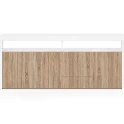 Buffet 180 cm 3 portes et 3 tiroirs avec et niches blanc et bois façon hêtre
