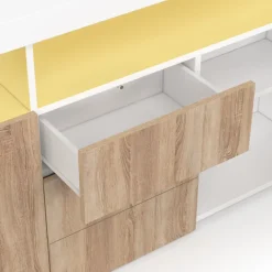 Buffet 180 cm 3 portes et 3 tiroirs avec et niches blanc et bois façon hêtre