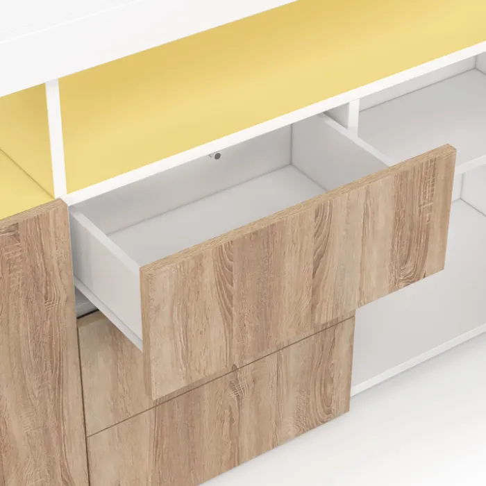 Buffet 180 cm 3 portes et 3 tiroirs avec et niches blanc et bois façon hêtre