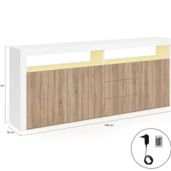 Buffet 180 cm 3 portes et 3 tiroirs avec et niches blanc et bois façon hêtre