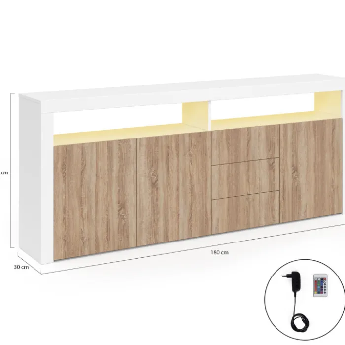 Buffet 180 cm 3 portes et 3 tiroirs avec et niches blanc et bois façon hêtre