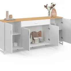 Buffet 180 cm 4 portes et 1 tiroir bois et blanc
