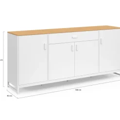 Buffet 180 cm 4 portes et 1 tiroir bois et blanc