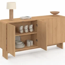 Buffet 160 cm 4 portes façon hêtre design arrondi