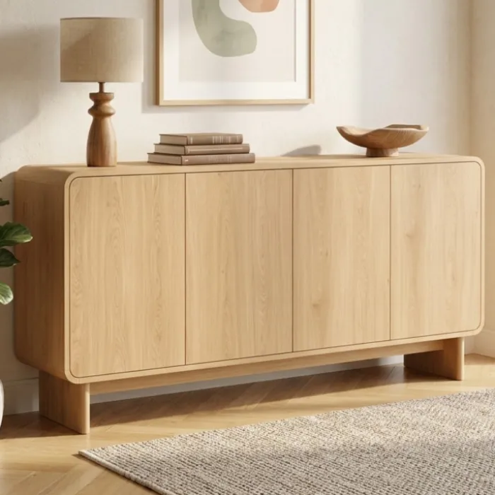Buffet 160 cm 4 portes façon hêtre design arrondi