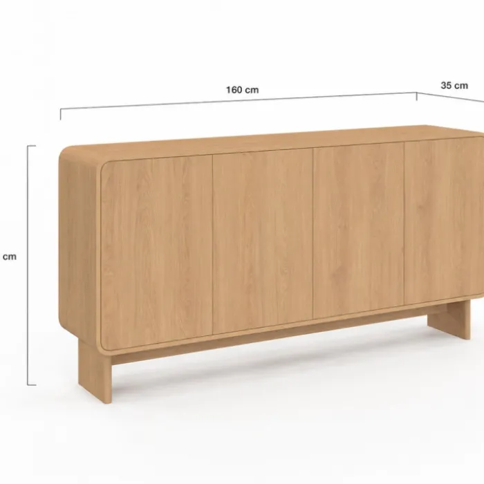 Buffet 160 cm 4 portes façon hêtre design arrondi