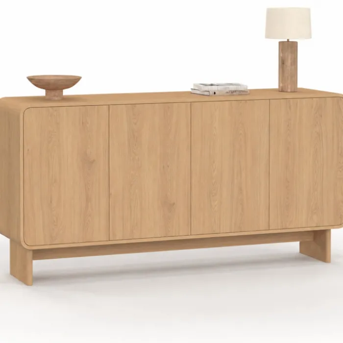 Buffet 160 cm 4 portes façon hêtre design arrondi