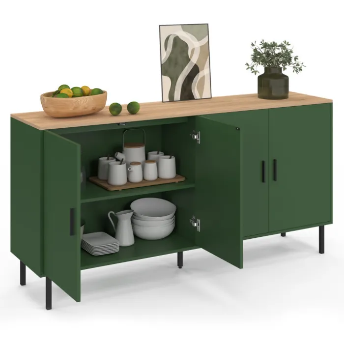 Buffet 160 cm 4 portes vert kaki et plateau bois