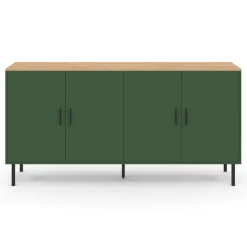 Buffet 160 cm 4 portes vert kaki et plateau bois