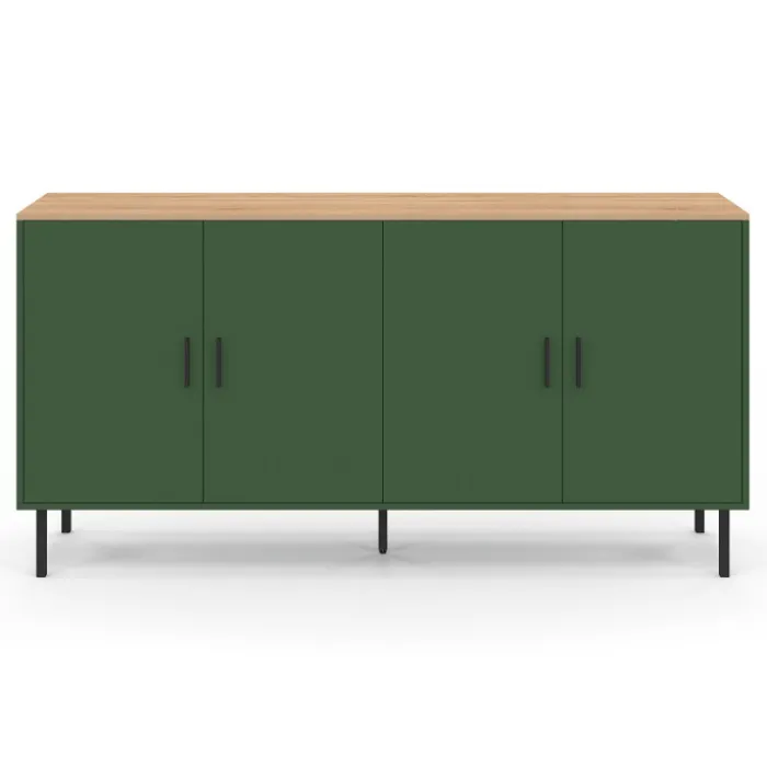 Buffet 160 cm 4 portes vert kaki et plateau bois