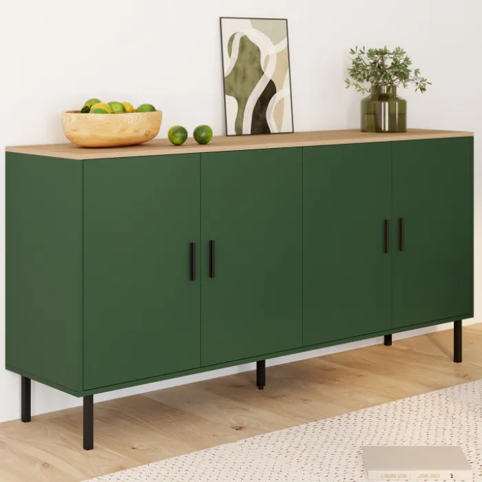 Buffet 160 cm 4 portes vert kaki et plateau bois
