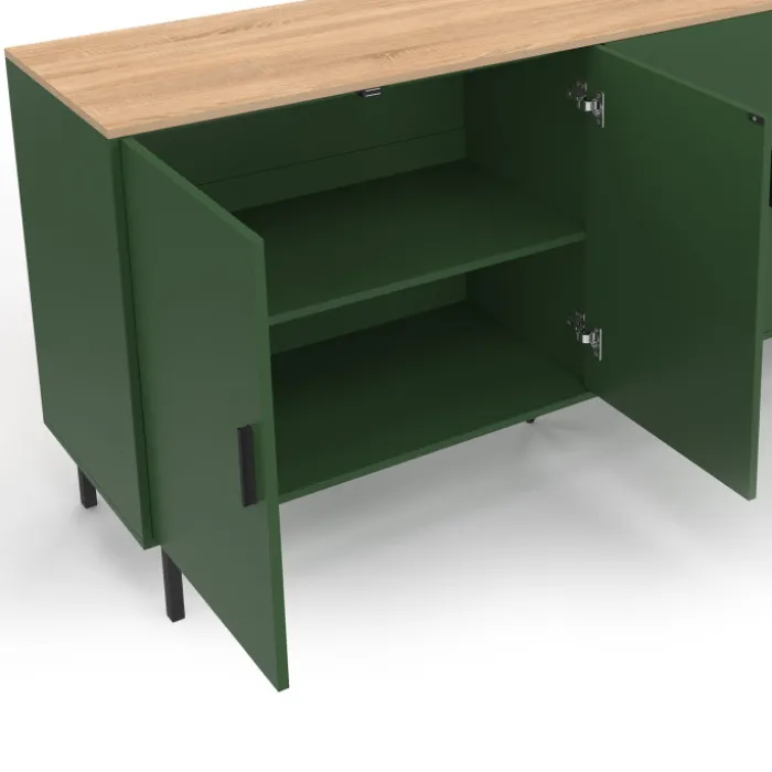 Buffet 160 cm 4 portes vert kaki et plateau bois
