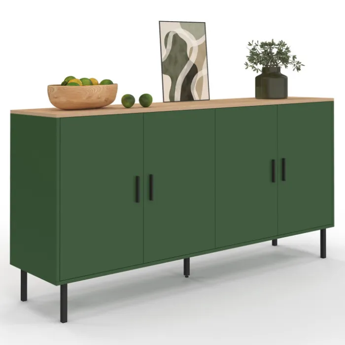Buffet 160 cm 4 portes vert kaki et plateau bois