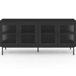 Buffet 140 cm 4 portes vitrées noir façade cannelée