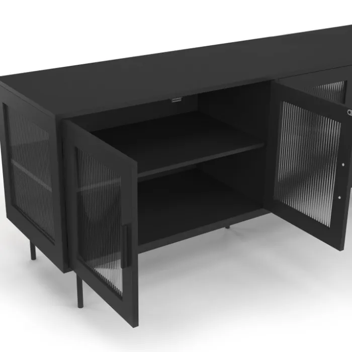Buffet 140 cm 4 portes vitrées noir façade cannelée
