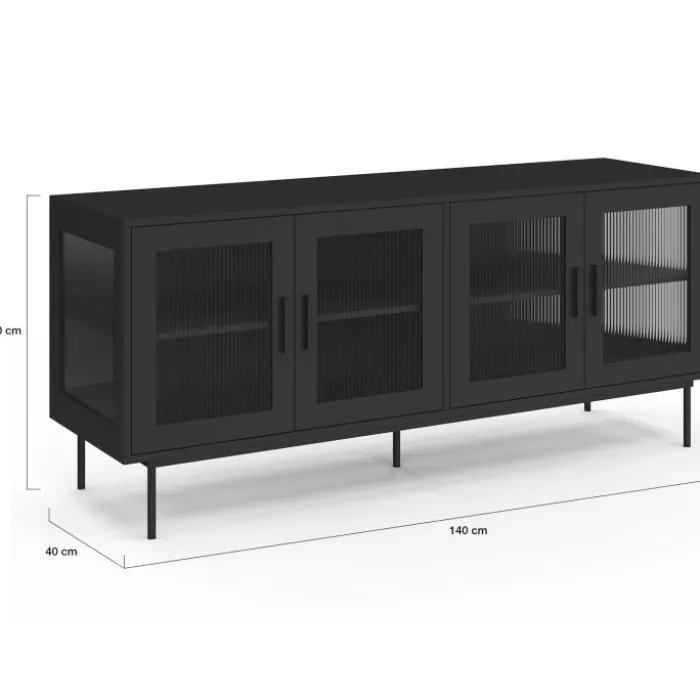Buffet 140 cm 4 portes vitrées noir façade cannelée