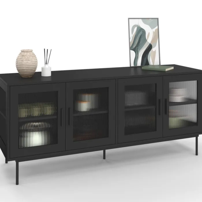 Buffet 140 cm 4 portes vitrées noir façade cannelée