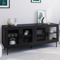 Buffet 140 cm 4 portes vitrées noir façade cannelée