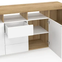 Buffet 180 cm bois façon hêtre 3 portes et 3 tiroirs blancs