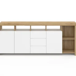 Buffet 180 cm bois façon hêtre 3 portes et 3 tiroirs blancs
