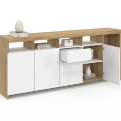 Buffet 180 cm bois façon hêtre 3 portes et 3 tiroirs blancs