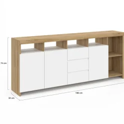 Buffet 180 cm bois façon hêtre 3 portes et 3 tiroirs blancs