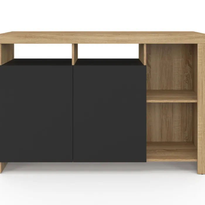 Buffet 110 cm en bois façon hêtre avec portes noires et 4 compartiments ouverts