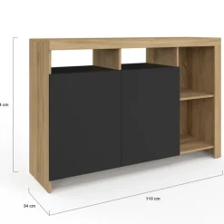 Buffet 110 cm en bois façon hêtre avec portes noires et 4 compartiments ouverts