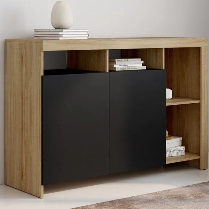 Buffet 110 cm en bois façon hêtre avec portes noires et 4 compartiments ouverts