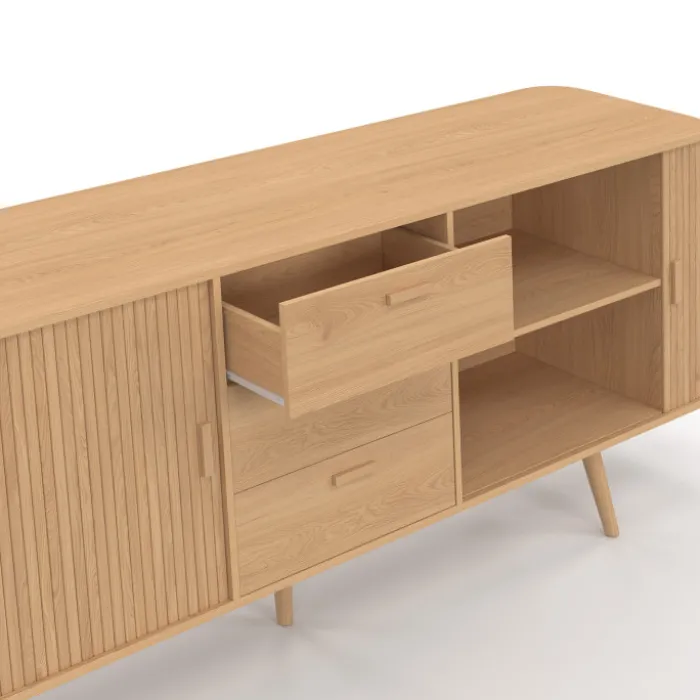 Buffet 200 cm ROMIE XXL effet lattes 2 portes coulissantes et 3 tiroirs