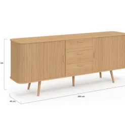 Buffet 200 cm ROMIE XXL effet lattes 2 portes coulissantes et 3 tiroirs