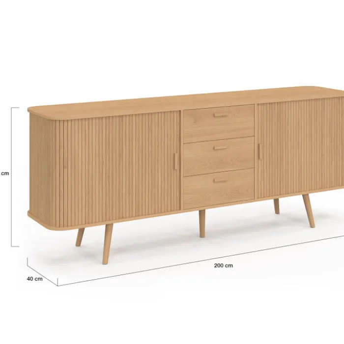 Buffet 200 cm ROMIE XXL effet lattes 2 portes coulissantes et 3 tiroirs