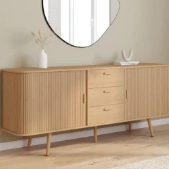 Buffet 200 cm ROMIE XXL effet lattes 2 portes coulissantes et 3 tiroirs
