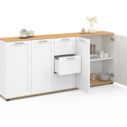 Buffet 180 cm XXL 4 portes avec 3 tiroirs bois et blanc