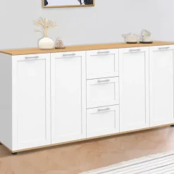 Buffet 180 cm XXL 4 portes avec 3 tiroirs bois et blanc