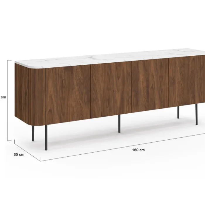 Buffet bas 160 cm 4 portes effet noyer et lattes et plateau marbre blanc