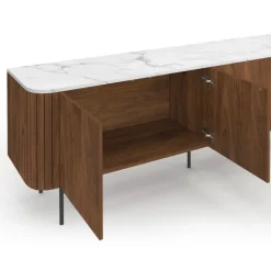 Buffet bas 160 cm 4 portes effet noyer et lattes et plateau marbre blanc