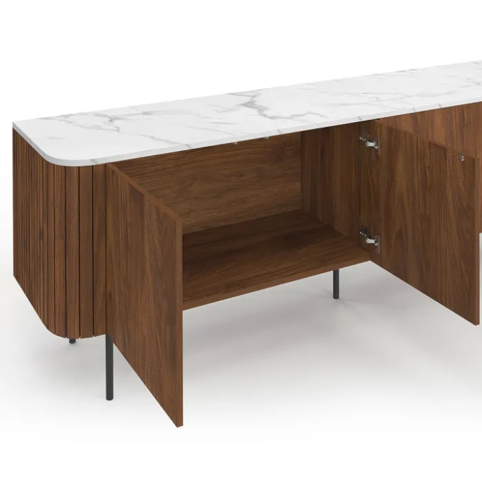 Buffet bas 160 cm 4 portes effet noyer et lattes et plateau marbre blanc