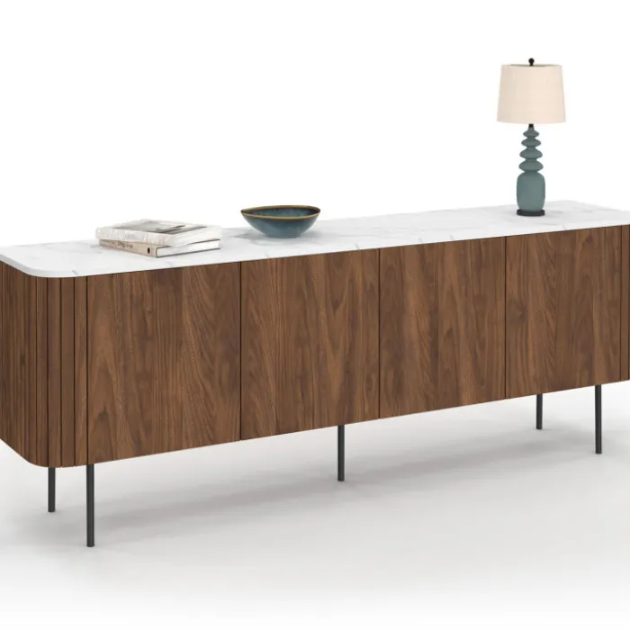 Buffet bas 160 cm 4 portes effet noyer et lattes et plateau marbre blanc