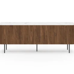 Buffet bas 160 cm 4 portes effet noyer et lattes et plateau marbre blanc
