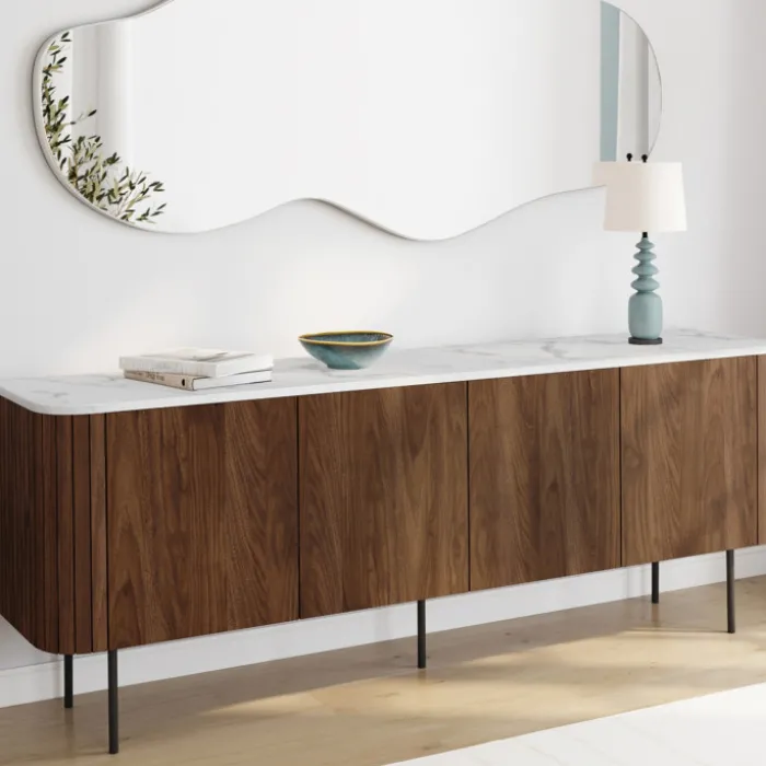 Buffet bas 160 cm 4 portes effet noyer et lattes et plateau marbre blanc