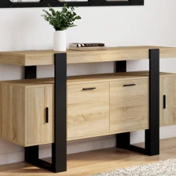 Buffet bas 140 cm bois imitation hêtre et noir 4 portes