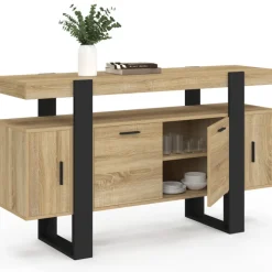 Buffet bas 140 cm bois imitation hêtre et noir 4 portes
