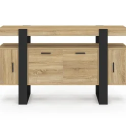 Buffet bas 140 cm bois imitation hêtre et noir 4 portes