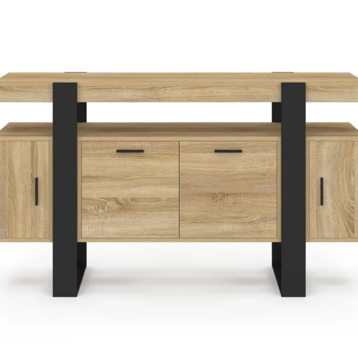 Buffet bas 140 cm bois imitation hêtre et noir 4 portes