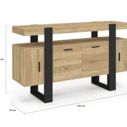 Buffet bas 140 cm bois imitation hêtre et noir 4 portes