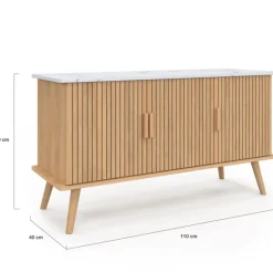 Buffet bas 110 cm plateau effet marbre 3 portes lattes tasseau bois coloris chêne