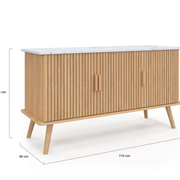 Buffet bas 110 cm plateau effet marbre 3 portes lattes tasseau bois coloris chêne